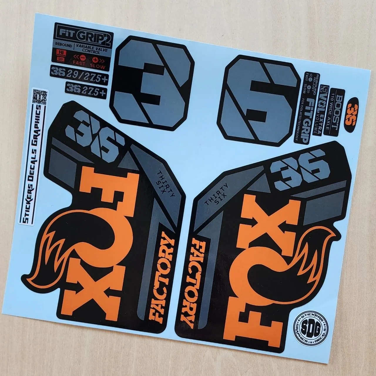 Fox 36 Factory Fork Stickers Grip2 2021 2025 Original Grey and orange