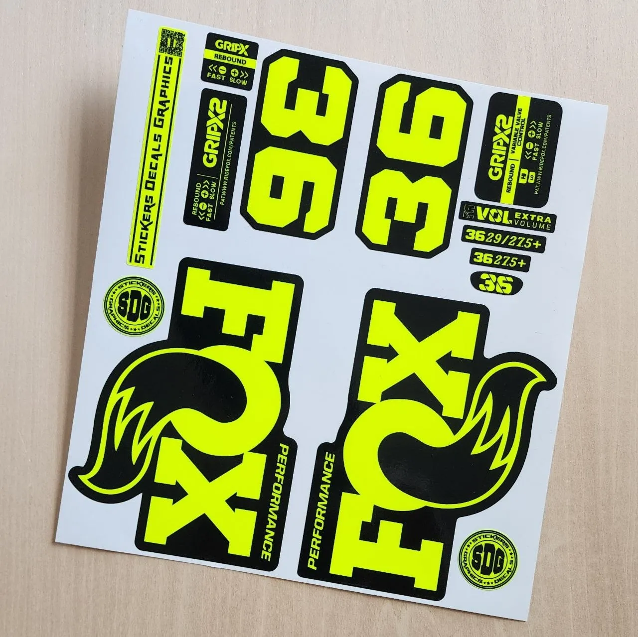Fox 36 Performance Fork Stickers GripX Decals 2025 2026 fluorescent yellow