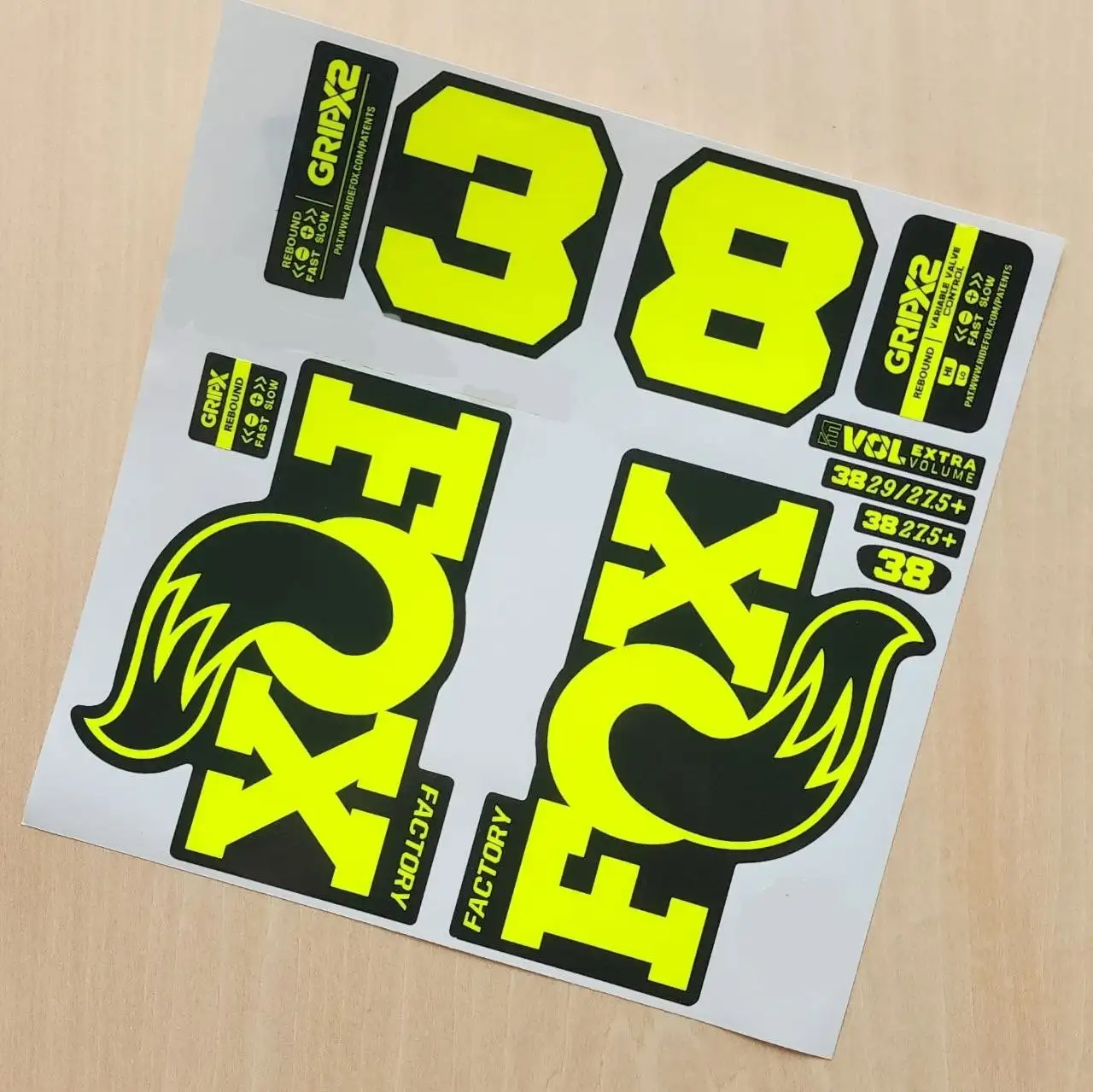 Fox 38 GripX Factory Fork Stickers 2026 2027 fluorescent yellow